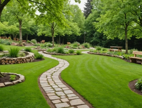 aménagement de jardin avec bois et pierre