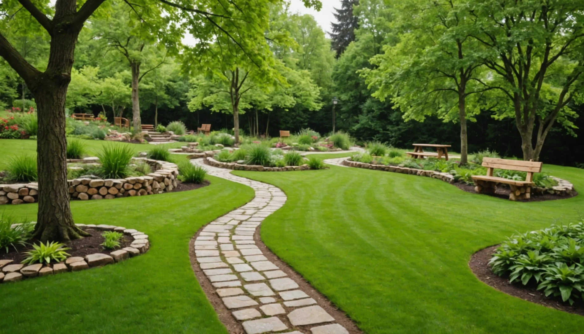 aménagement de jardin avec bois et pierre